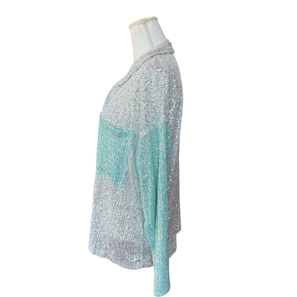 Pol Sequin Button Down Shirt Silver Mint Green Co… - image 4